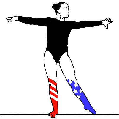 An image of a gymnast on a balance beam, where their right foot is red, and their left foot is blue.