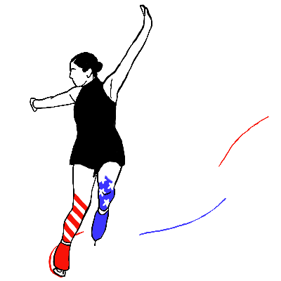 An image of a figure skater, where their right foot is red and their left foot is blue, and they leave red-and-blue tracks on the ice behind them.