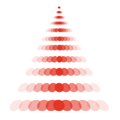 Image of a red ball emerging from a red dot, with reflective echoes to either side
